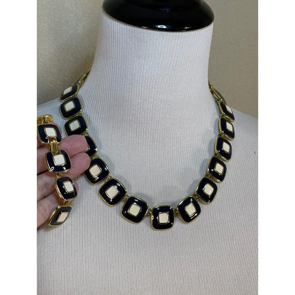 Vintage Resin Midnight Blue / Cream Gold Tone Double Square Design Necklace & Br - Picture 2 of 10